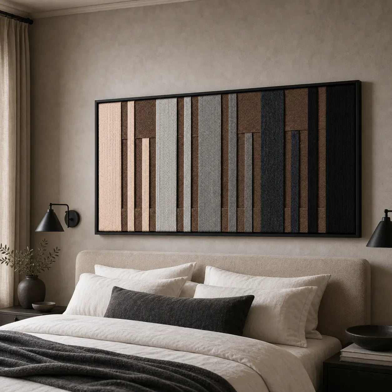 A beautiful framed hand-woven wool tapestry displayed gracefully above a styled bed with dark accents in a cozy bedroom.