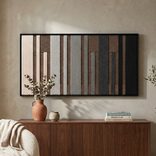 Earth-toned Umber Columns framed wall art styled above a warm wooden credenza adorned with a ceramic vase in a serene living space.