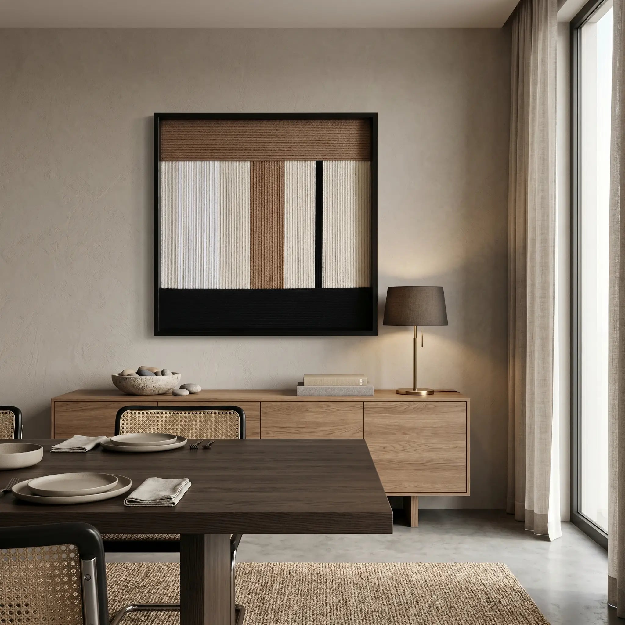 Textured wool wall decor in a black frame placed in a contemporary dining area featuring a dark wood table and buffet.