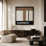 Undisturbed Snow cream taupe and black textile wall art styled above a dark wood sideboard in a softly lit modern living room.