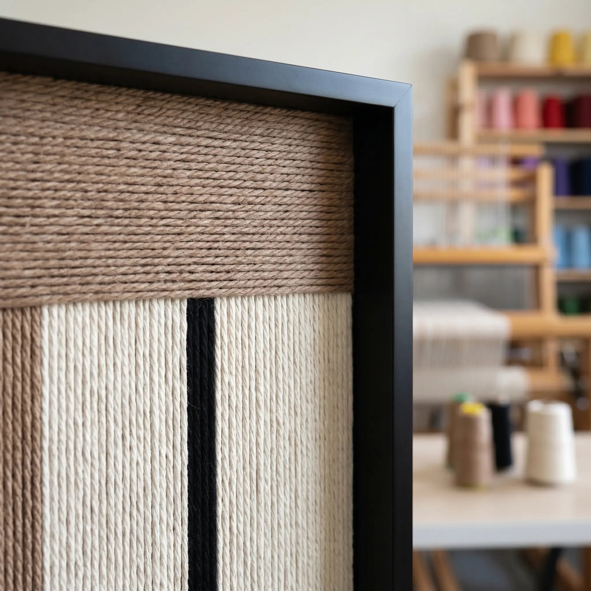 Close-up shot of the black frame corner and the dense, hand-woven wool texture of the neutral-colored fiber wall art.