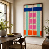 The Vegas Strip hand-woven wall art hanging in a sunlit room, providing a colorful geometric focal point for home decor.
