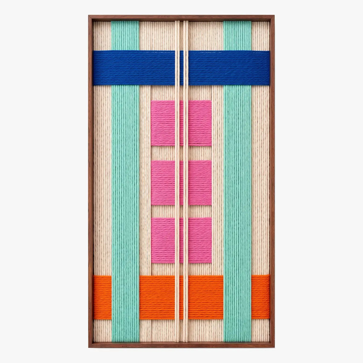 Frontal studio shot of the Vegas Strip rectangular hand-woven wool tapestry with bold geometric patterns in a wooden frame.