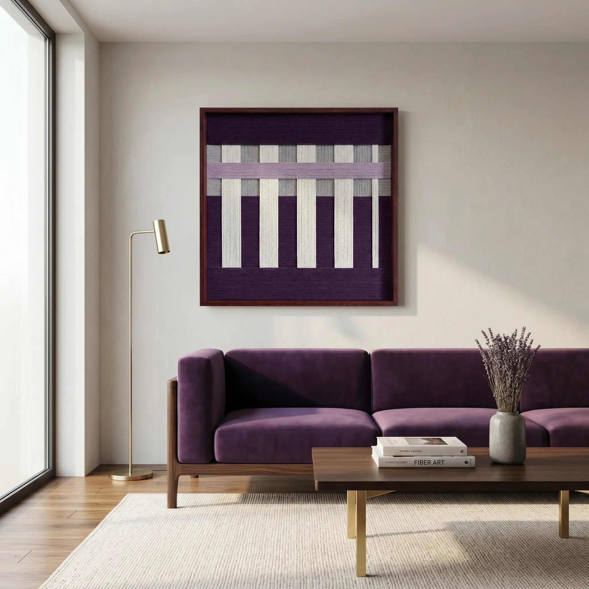 Modern hand-woven wool wall hanging styled above a sleek purple velvet sofa in a minimalist living room with neutral walls.