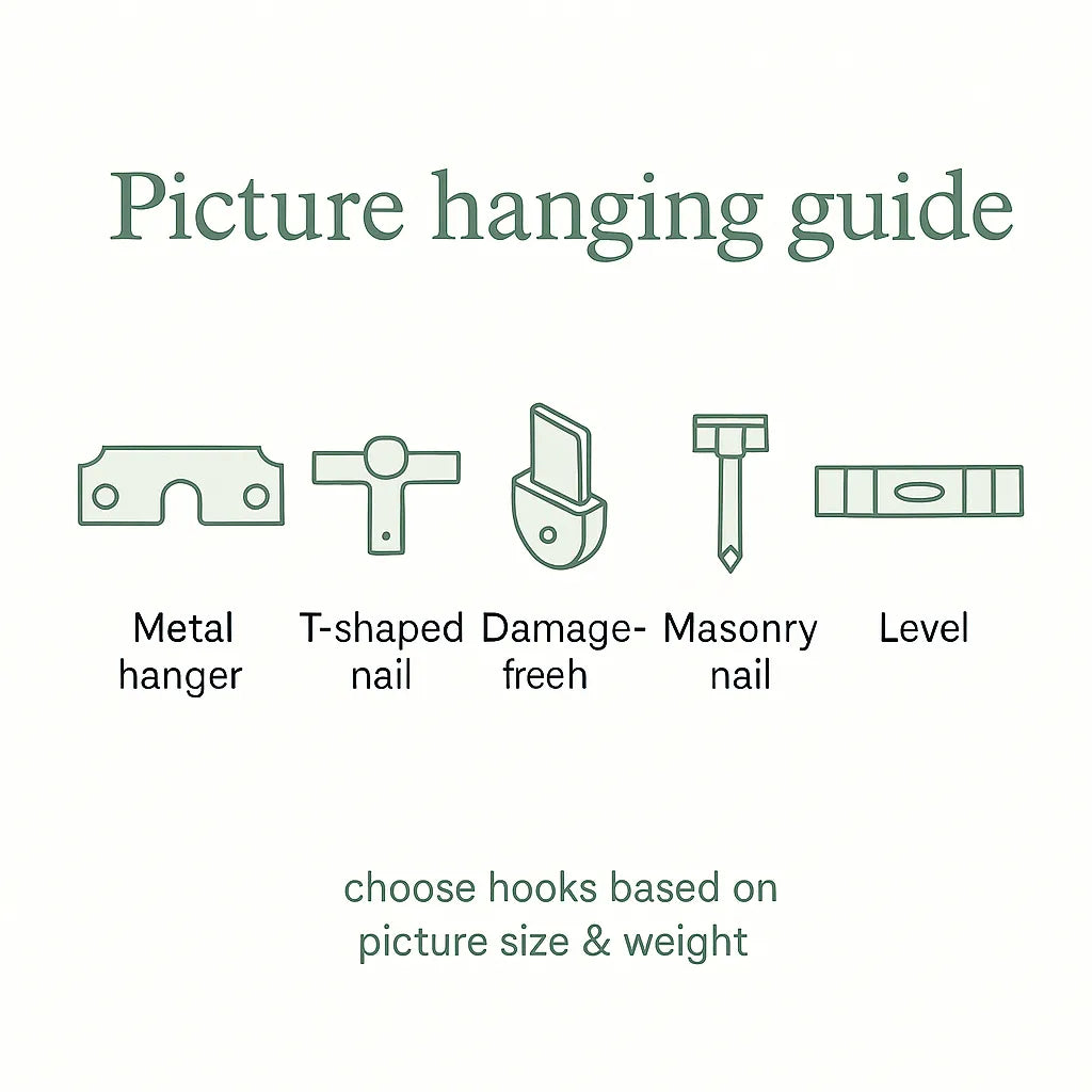 Picture hanging guide showing hook options for installing framed wall art