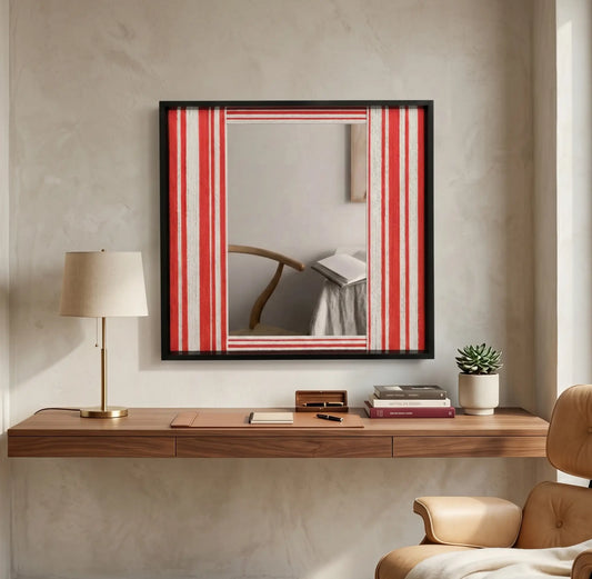 Square hand-woven wool wall art in a black frame with red and white vertical stripes and a central mirror, hanging above a floating walnut desk in a modern home office.