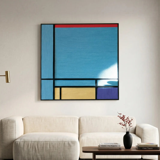 Large square hand-woven wool wall art in a black frame with a Mondrian-inspired geometric design in bright blue, yellow, red, and purple, hanging above a cream sectional sofa.