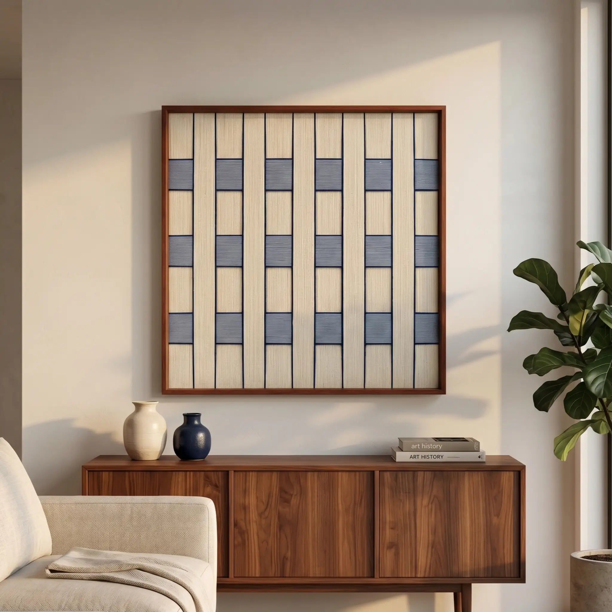 Square framed fiber wall art hanging above a dark wood sideboard in a sunlit modern living room.