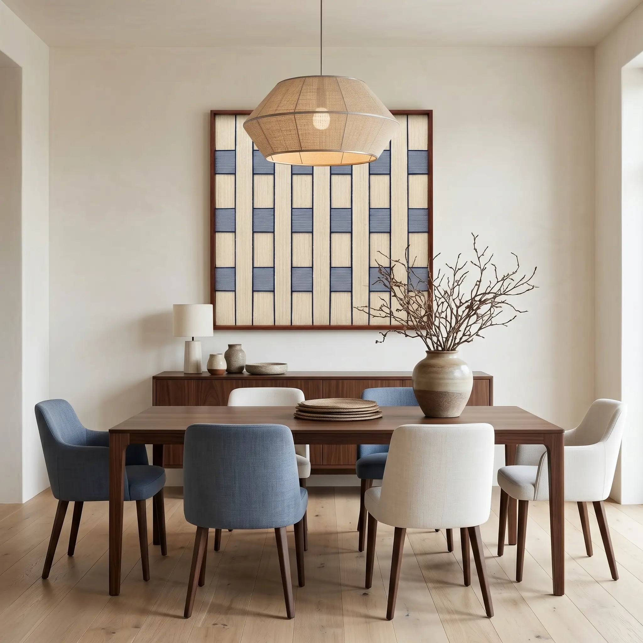 Textured fiber wall art in blue tones styled as a focal point in a contemporary dining room with a large wooden table and blue upholstered chairs.