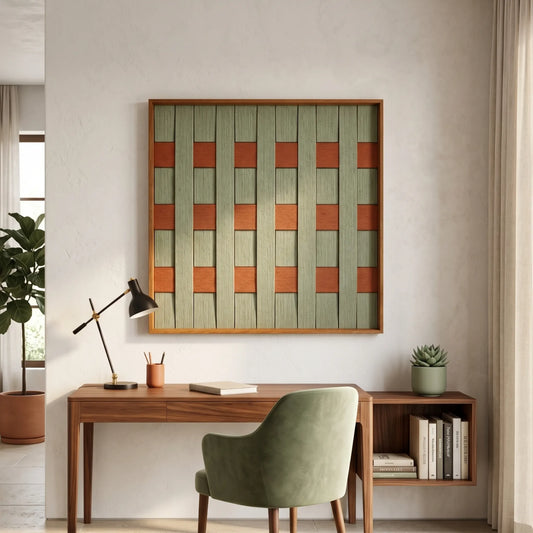 Framed woven tapestry featuring a grid design shown in a home office with a green velvet chair and natural lighting.