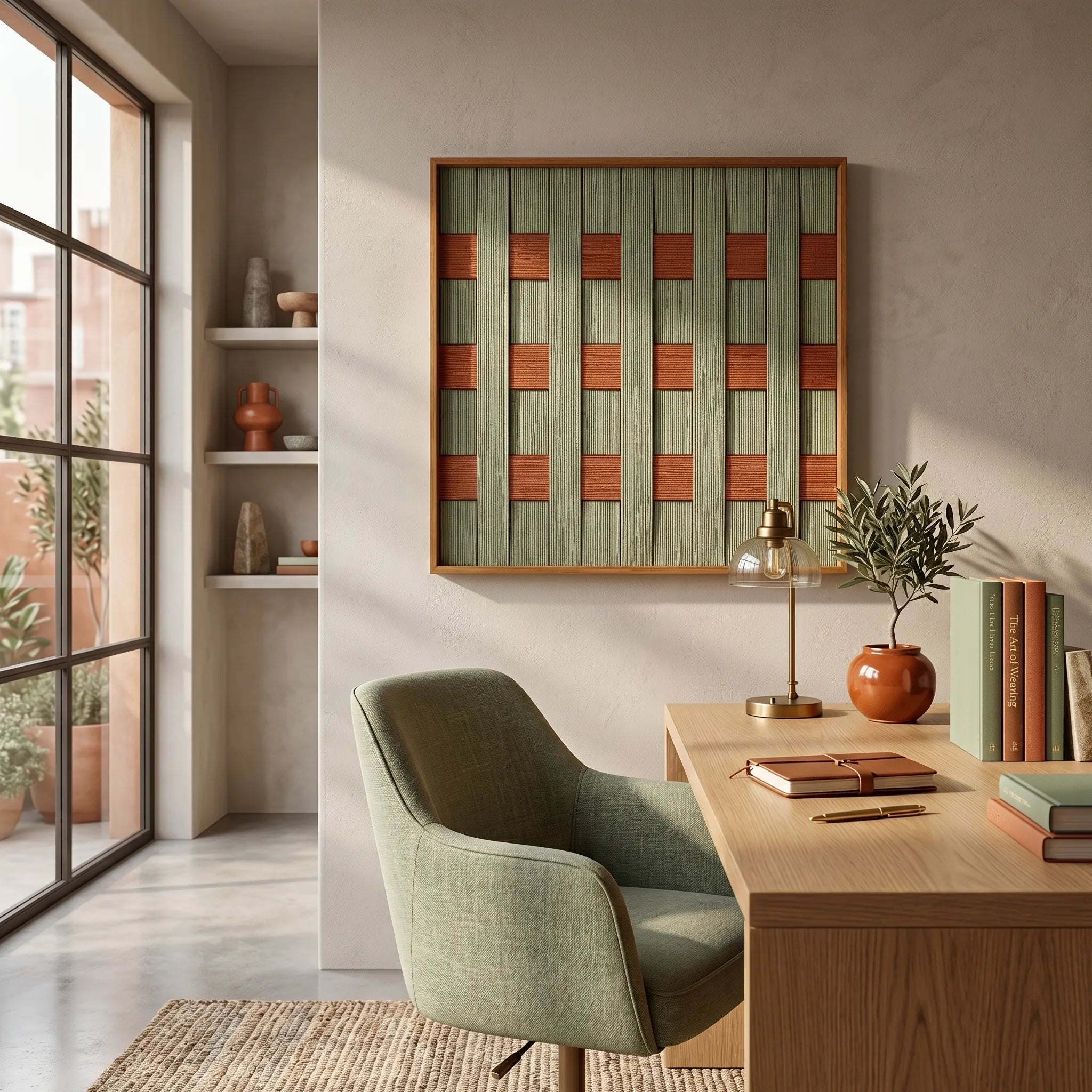 Framed woven tapestry featuring a grid design shown in a home office with a green velvet chair and natural lighting.