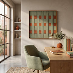 Framed woven tapestry featuring a grid design shown in a home office with a green velvet chair and natural lighting.