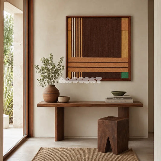 Earth-tone framed fiber wall art above a wood console in a calm Japandi-inspired entryway