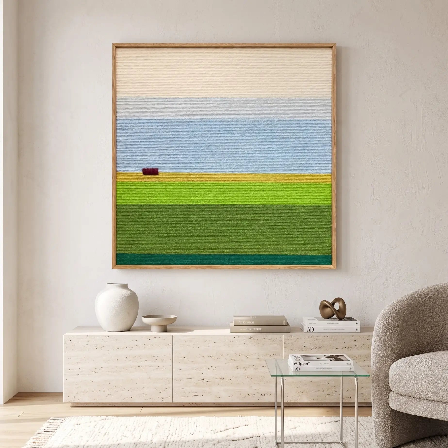 Square fiber wall art with cream, pale blue, yellow, and green horizontal bands above a console.