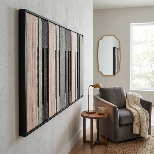 Angled view of Ivory Structure neutral fiber wall art in a bright reading corner
