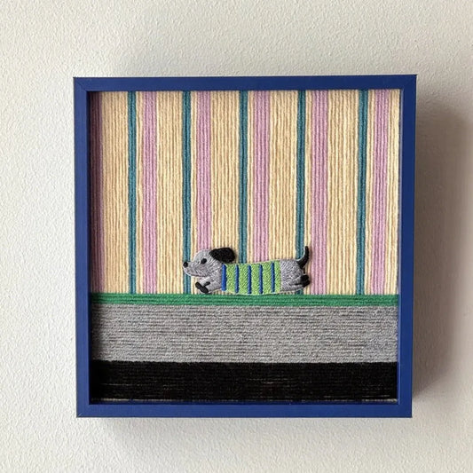 Cerulean Stripe Pup Frolic – Handmade Yarn Wall Art

