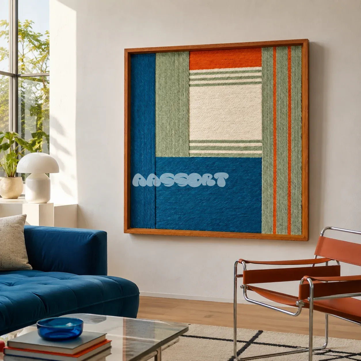 Silent Theatre SQ083 geometric soft cotton cord wall art displayed in a modern living room with a blue sofa and orange chairs