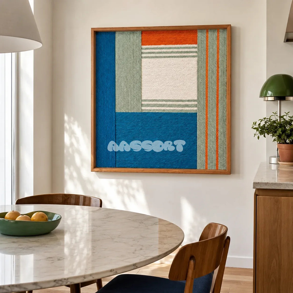 Silent Theatre SQ083 blue and sage geometric fiber wall art above a round dining table in a sunlit interior