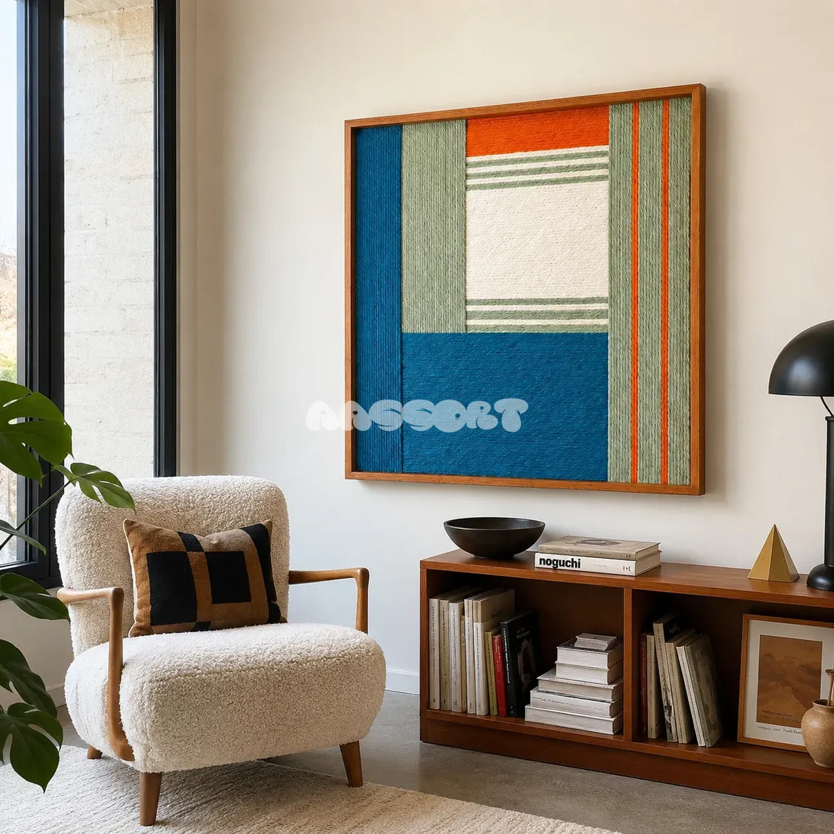 Silent Theatre SQ083 blue, sage, cream and orange fiber wall art above a wood console beside a cream lounge chair