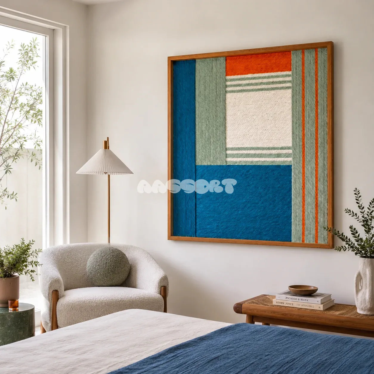Silent Theatre SQ083 geometric soft cotton cord wall art displayed in a serene bedroom with a cream armchair and blue bedding