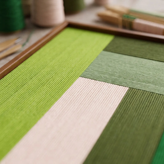 Detailed view of Evergreen Harmony textile wall art, highlighting the geometric yarn layers, clean color transitions, and artisan precision of the hand-wrapped fibers.