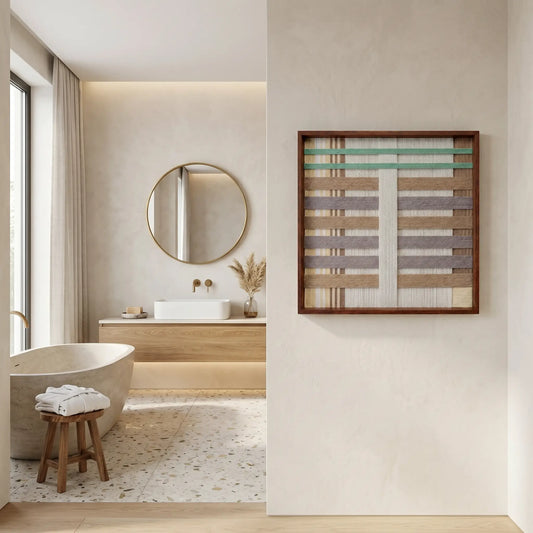 Framed pastel hand-woven wool tapestry displayed in a serene luxury bathroom next to a freestanding bathtub and light wood vanity.