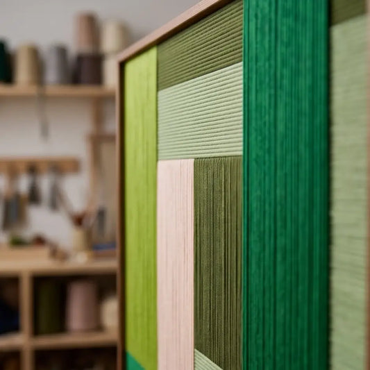 Close-up detail of Garden Grid textile wall art showing layered yarn texture and handcrafted frame construction