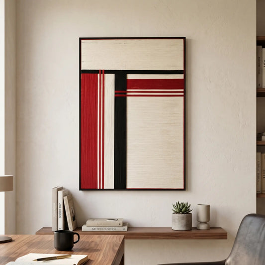 Napoli framed fiber wall art in red, white and black hanging above a desk with books and a small plant