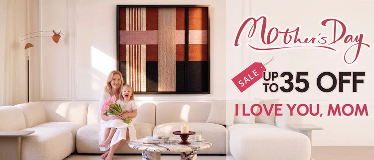 Mother's Day Sale banner featuring a mother and daughter sitting on a white sofa with pink tulips, offering up to 35% off with the text "I LOVE YOU, MOM".