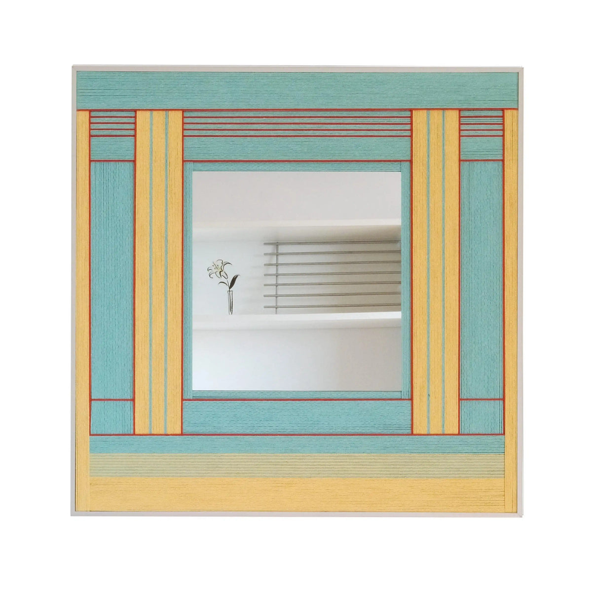 Front view of the Pear Blossom Tree square fiber mirror in aqua, yellow and rust red