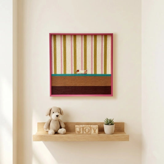 "Coral Stripe Pup Wander" — Textured Fiber Wall Art