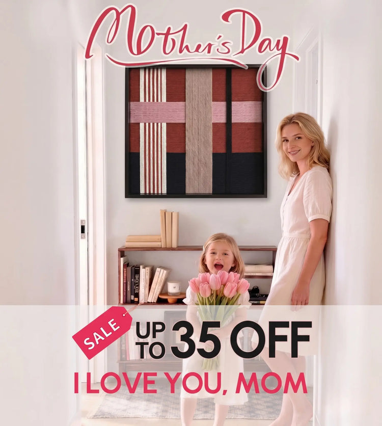 Vertical Mother's Day Sale image showing a mother leaning against a wall and a young girl holding a bouquet of pink tulips, promoting up to 35% off.
