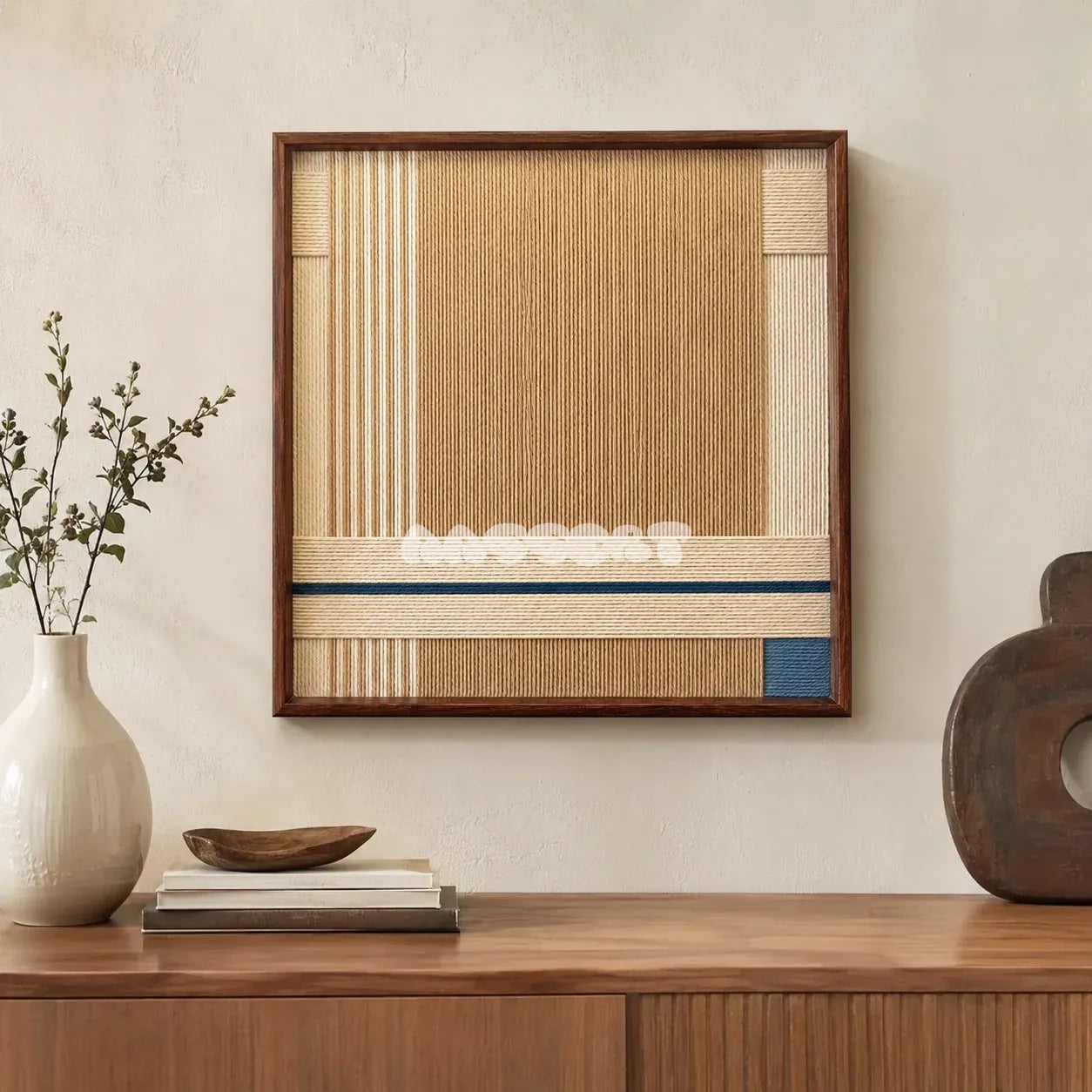 A Collected Morning cream, toasted sand, and indigo yarn wall art displayed above a wood credenza with neutral decorative objects.