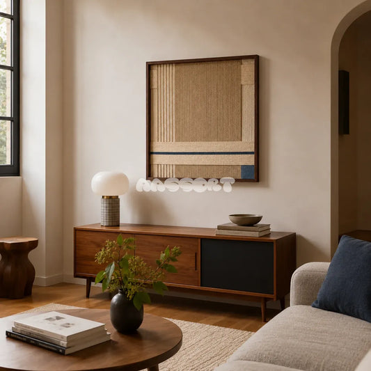 A Collected Morning neutral geometric yarn wall art displayed above a walnut credenza in a warm modern living room.