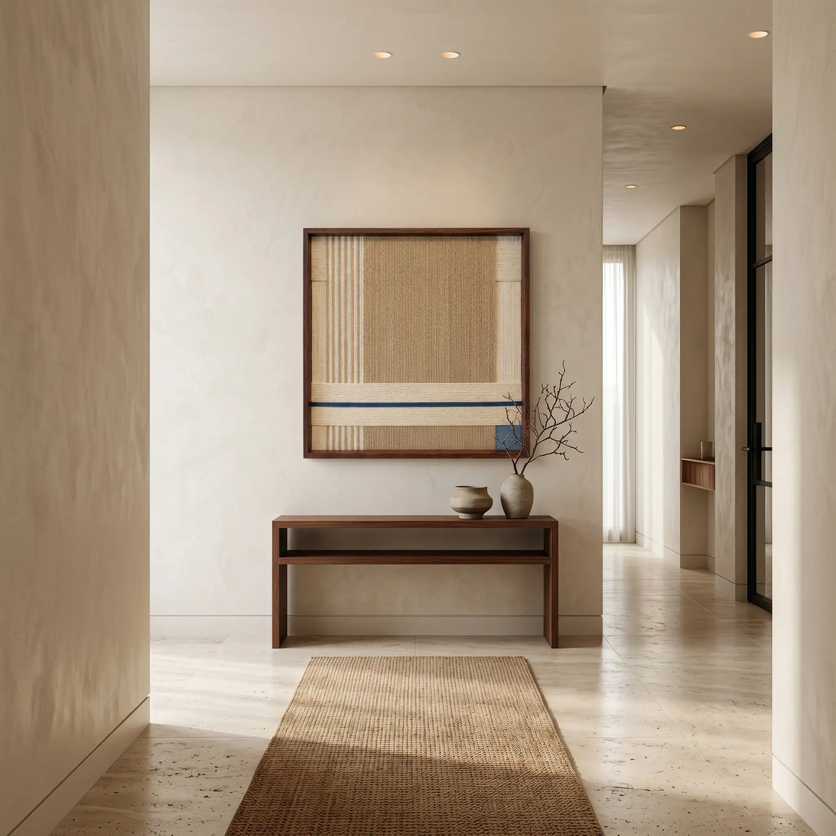 Perspective view of the beige and blue soft cotton cord fiber artwork hanging in a spacious minimalist foyer with a long jute runner.