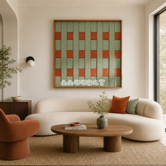 A Wrapped Afternoon moss green and terracotta geometric yarn wall art displayed above a curved cream sofa in a warm modern living room.