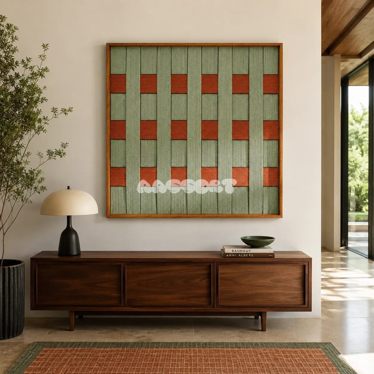 A Wrapped Afternoon moss green and terracotta geometric yarn wall art displayed above a dark wood sideboard in a modern entryway.