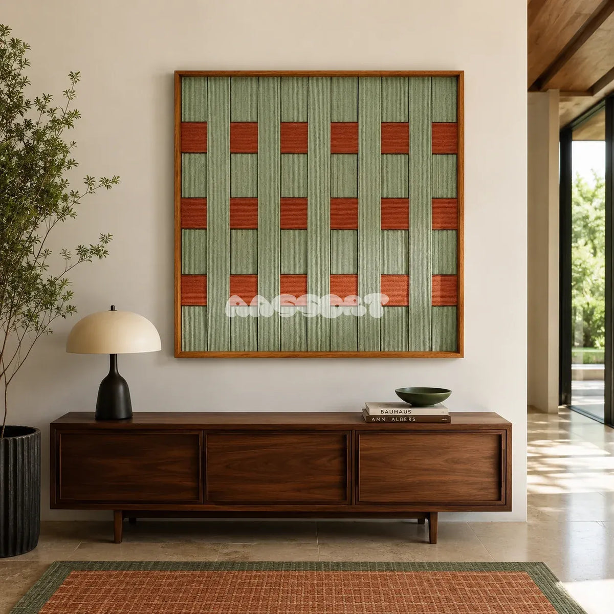 A Wrapped Afternoon moss green and terracotta geometric yarn wall art displayed above a dark wood sideboard in a modern entryway.