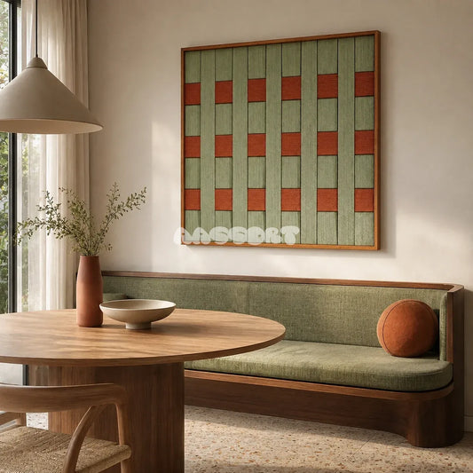 A Wrapped Afternoon moss green and terracotta geometric yarn wall art displayed above a green banquette in a sunlit dining nook.