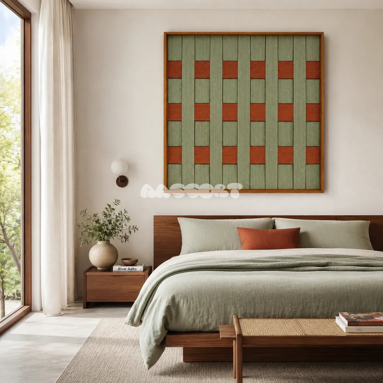 A Wrapped Afternoon moss green and terracotta geometric yarn wall art displayed above a bed in a serene sunlit bedroom.