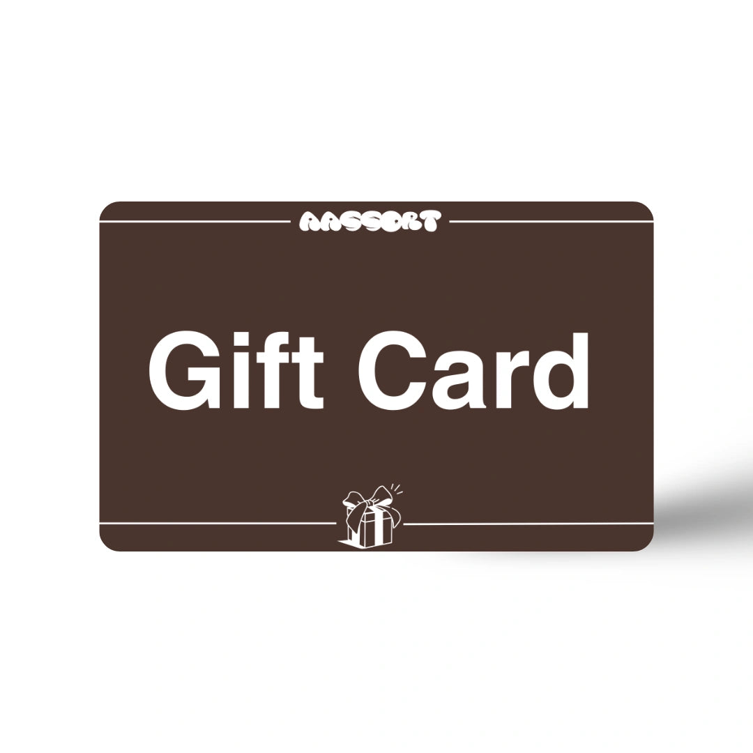 Front view of a brown digital gift card featuring the AASSORT logo and a small gift box icon, redeemable for hand-woven wool wall art.