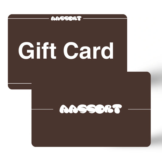 Two overlapping brown gift cards displaying the AASSORT branding, serving as the perfect present for friends who love textured fiber wall decor.