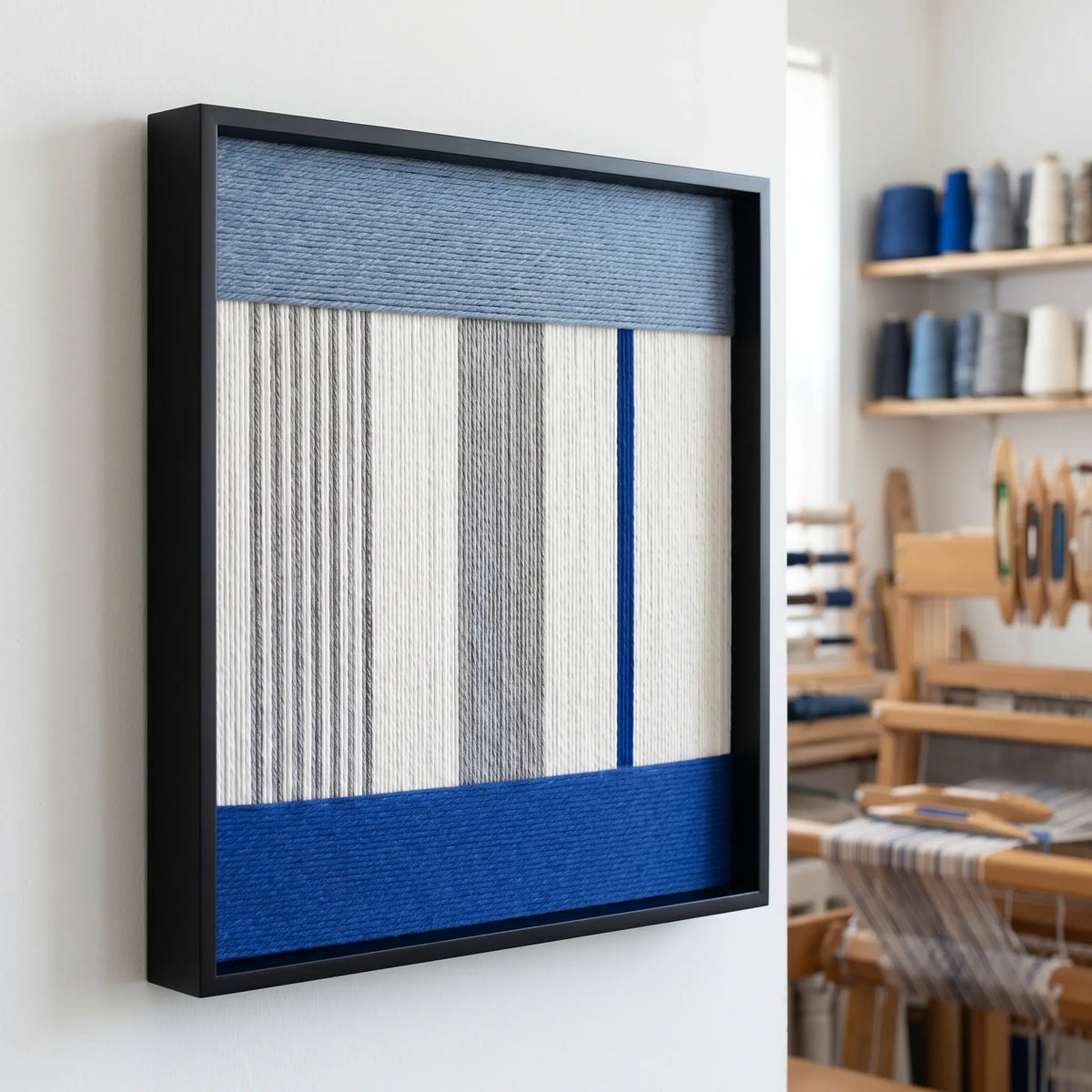 Side profile of the framed soft cotton cord wall art in a workshop setting, showcasing the depth and dimensional layered winding technique.