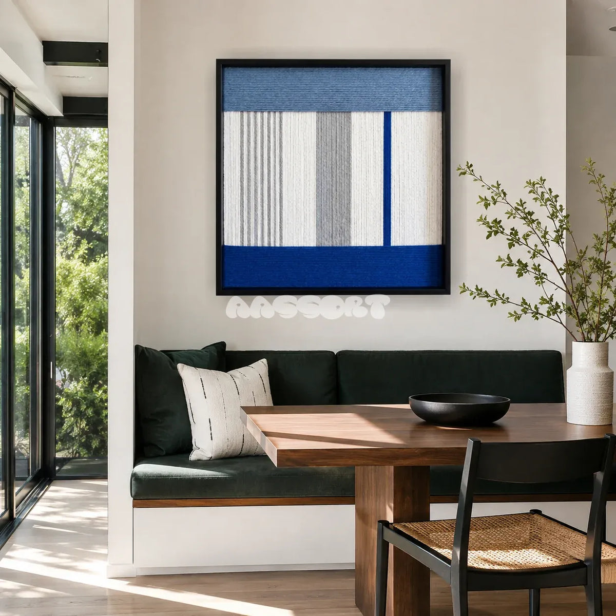 Absolute Zero hazy blue white gray and cobalt textile wall art featured above a dark green banquette in a sunlit modern dining nook.