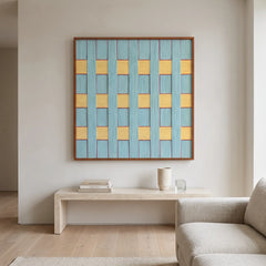 Afternoon Window hand-woven wool tapestry displayed beautifully above a minimalist console table in a bright, contemporary home interior.