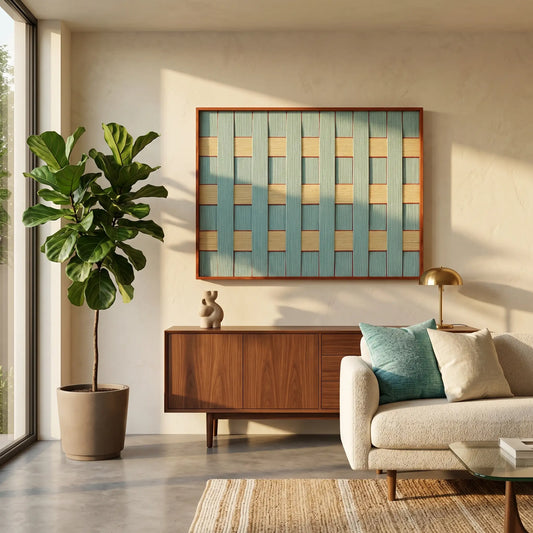 Large framed fiber art tapestry with a geometric teal weave displayed in a sunlit living room featuring a fiddle leaf fig.