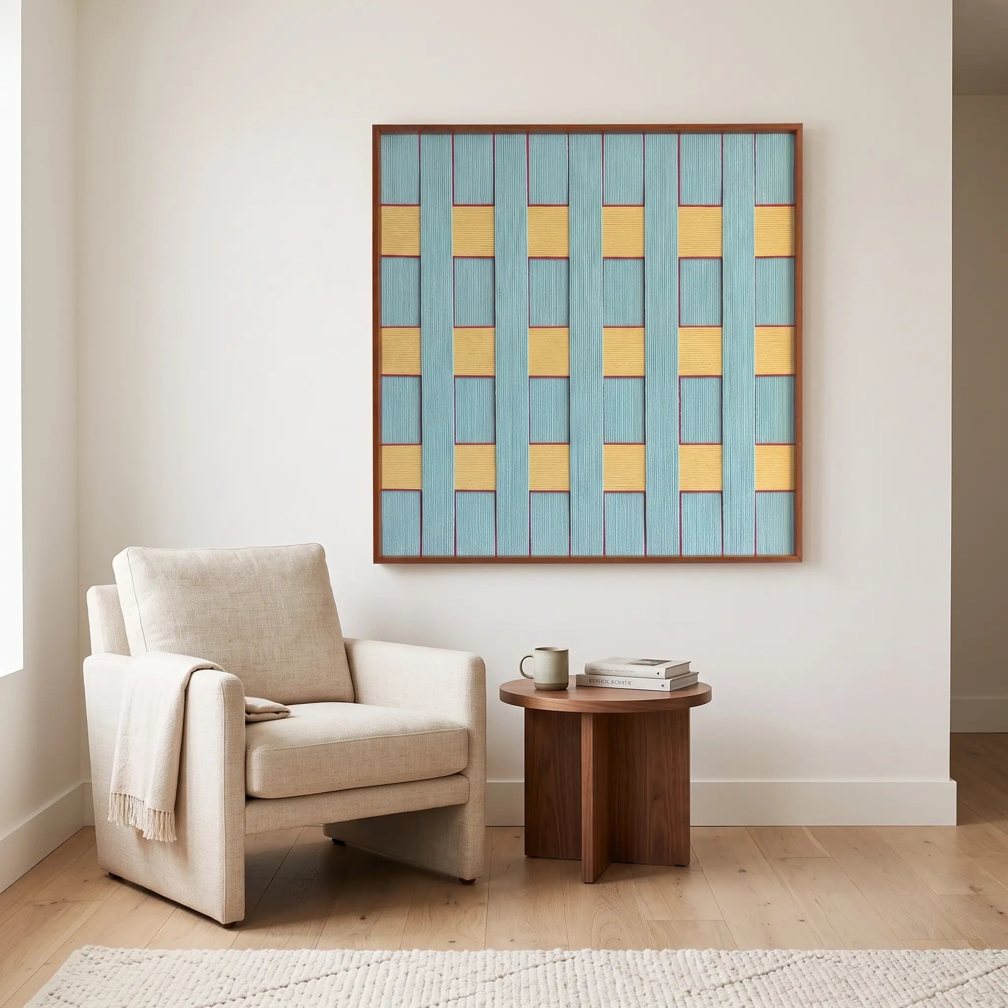 A large Afternoon Window hand-woven wool tapestry hung as a centerpiece above a cream armchair in a minimalist living room.