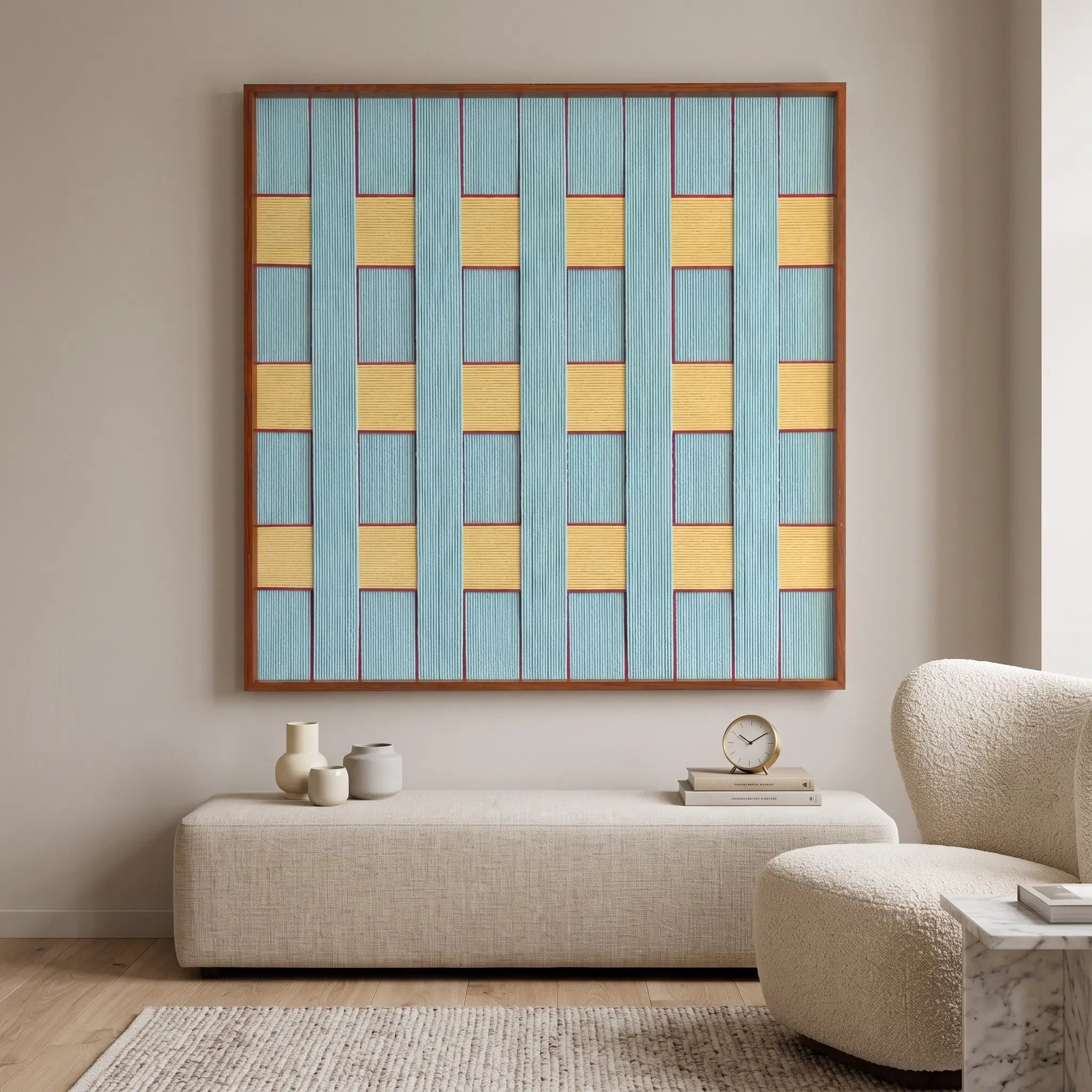 The Afternoon Window hand-woven wool tapestry provides a striking geometric focal point above a modern sofa in a bright room.
