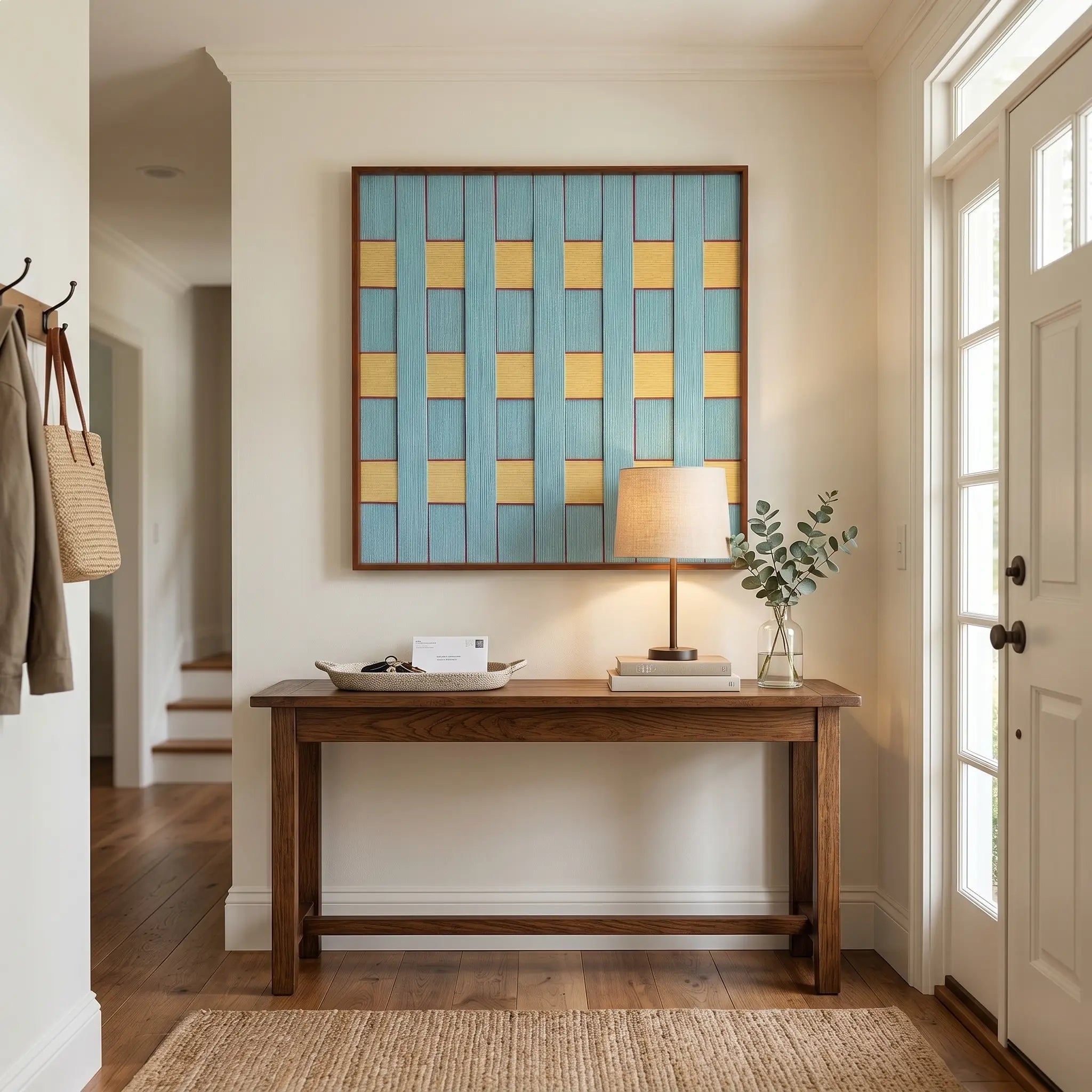 Square light blue and yellow checkerboard textile art creating a cheerful focal point in a bright entryway above a wooden console table.