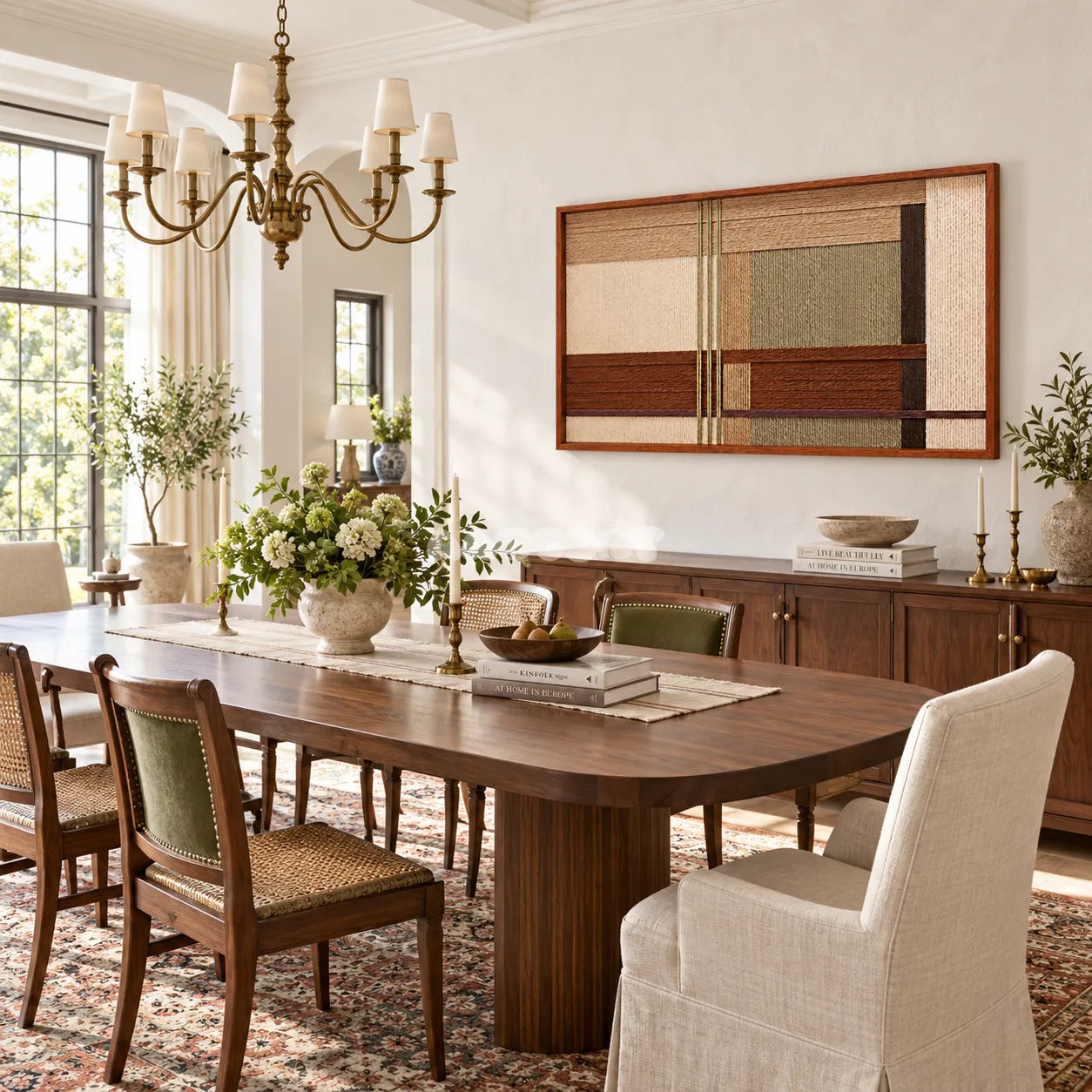 Amber Meadow RE090 framed textile wall art above a wood sideboard in a sunlit dining room